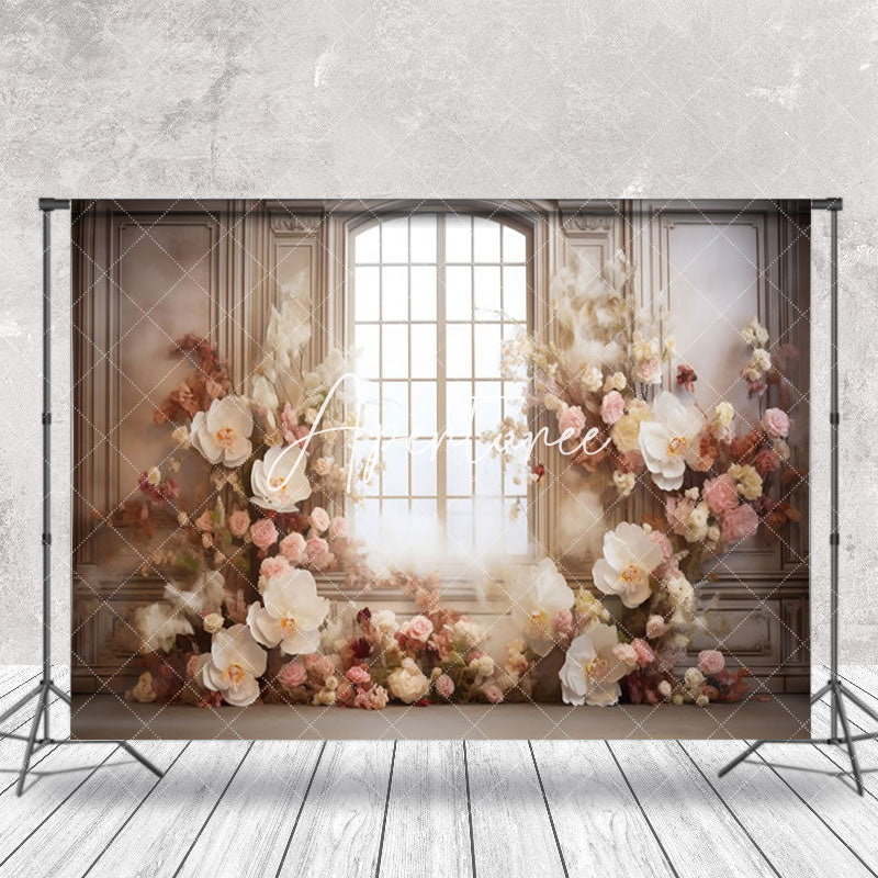 Aperturee - Retro Luxury Pink Floral Window Backdrop For Photo