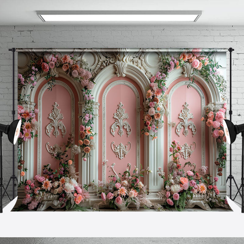 Aperturee - Retro Luxury White Pink Floral Wall Wedding Backdrop