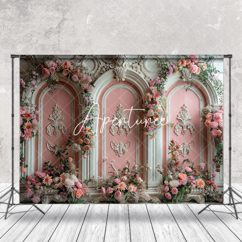 Aperturee - Retro Luxury White Pink Floral Wall Wedding Backdrop