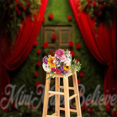 Aperturee - Retro Moss Wood Door Red Rose Curtain Photo Backdrop