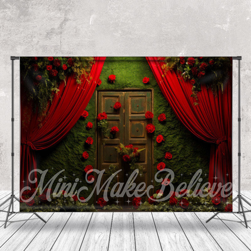 Aperturee - Retro Moss Wood Door Red Rose Curtain Photo Backdrop