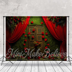 Aperturee - Retro Moss Wood Door Red Rose Curtain Photo Backdrop