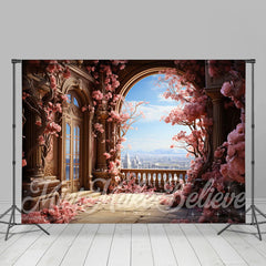 Aperturee - Retro Palace Window Pink Floral Tree Flower Backdrop