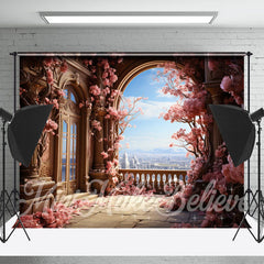 Aperturee - Retro Palace Window Pink Floral Tree Flower Backdrop