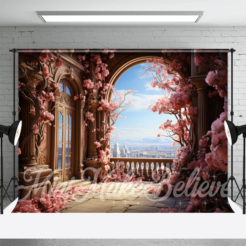 Aperturee - Retro Palace Window Pink Floral Tree Flower Backdrop