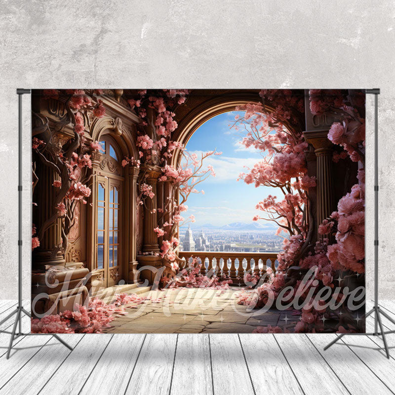 Aperturee - Retro Palace Window Pink Floral Tree Flower Backdrop