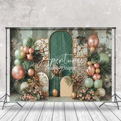 Aperturee - Retro Palm Leaf Balloons Leopard Cake Smash Backdrop