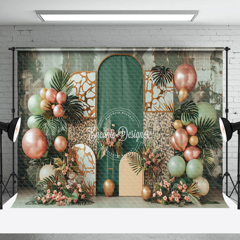 Aperturee - Retro Palm Leaf Balloons Leopard Cake Smash Backdrop