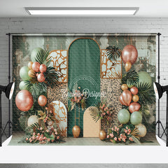 Aperturee - Retro Palm Leaf Balloons Leopard Cake Smash Backdrop