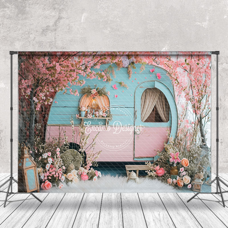 Aperturee - Retro Pink Blue RV Peach Tree Fluff Spring Backdrop