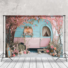 Aperturee - Retro Pink Blue RV Peach Tree Fluff Spring Backdrop