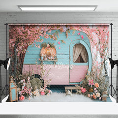 Aperturee - Retro Pink Blue RV Peach Tree Fluff Spring Backdrop