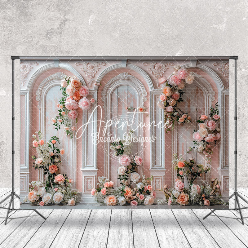 Aperturee - Retro Pink White Wall Floral Leaves Wedding Backdrop