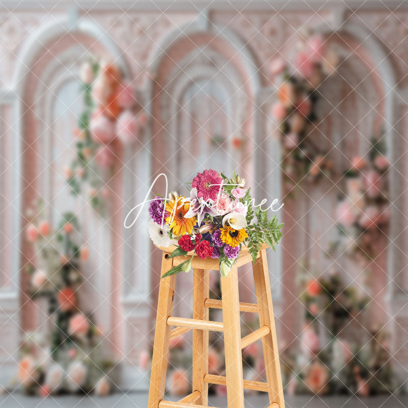 Aperturee - Retro Pink White Wall Floral Leaves Wedding Backdrop