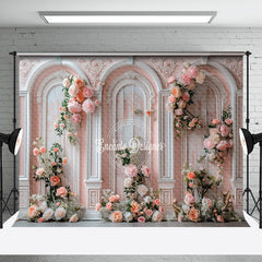 Aperturee - Retro Pink White Wall Floral Leaves Wedding Backdrop