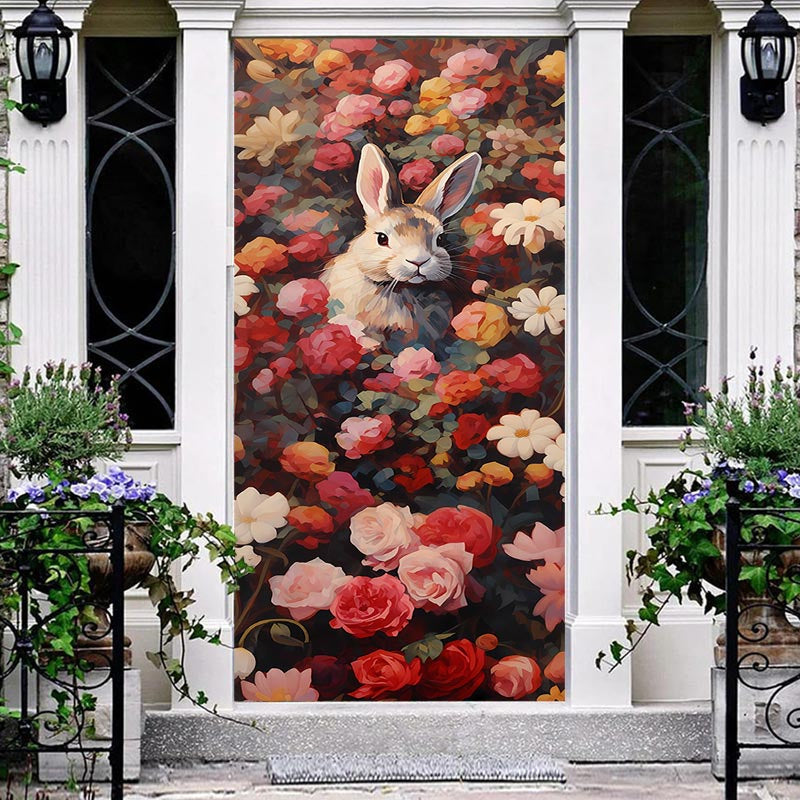 Aperturee - Retro Rabbit Flower Spring Easter Door Cover