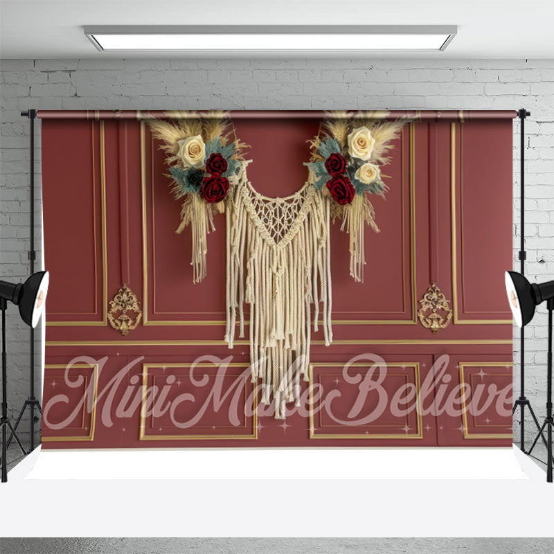 Aperturee - Retro Red Gold Tassel Floral Boho Photo Backdrop