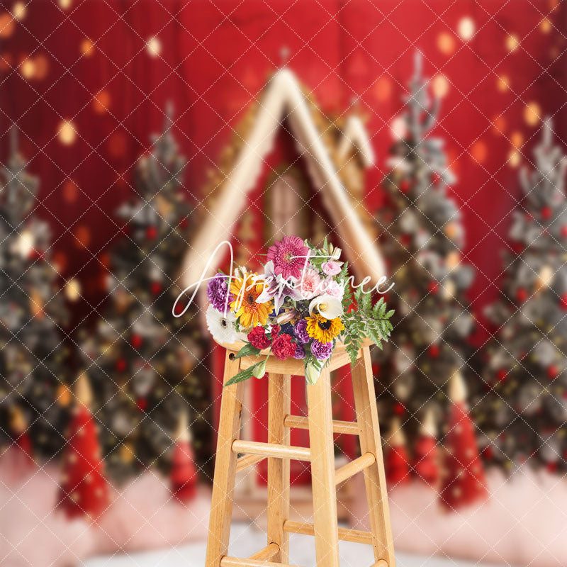 Aperturee - Retro Red Wall Trees Bokeh Christmas Photo Backdrop