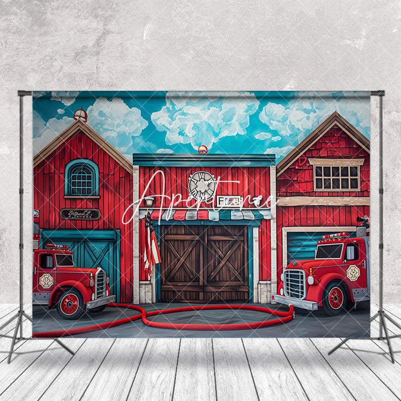 Aperturee - Retro Red Wood House Fire Truck Cake Smash Backdrop