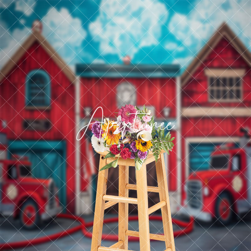 Aperturee - Retro Red Wood House Fire Truck Cake Smash Backdrop