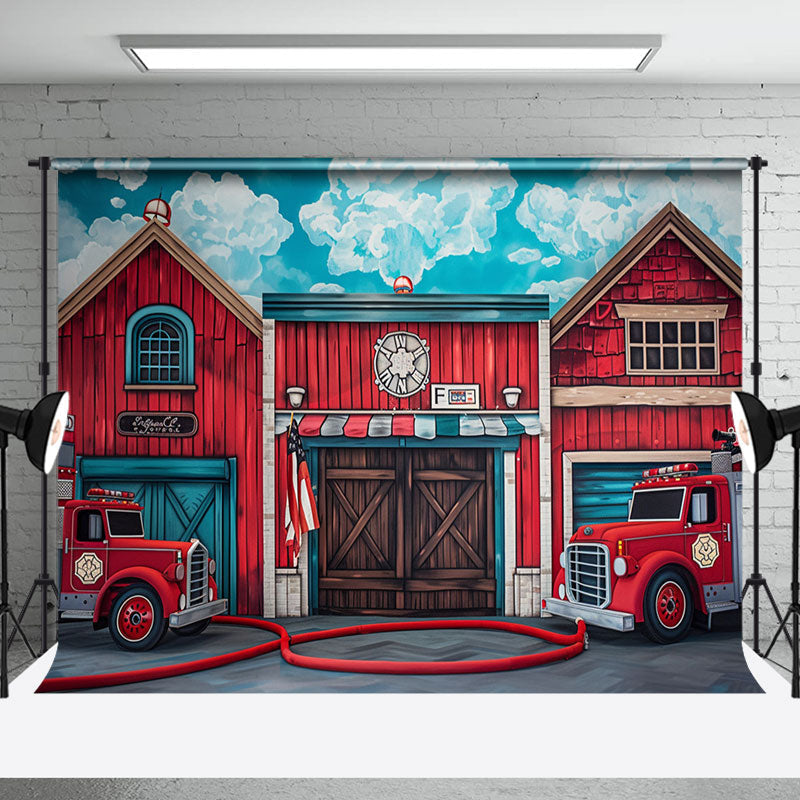 Aperturee - Retro Red Wood House Fire Truck Cake Smash Backdrop