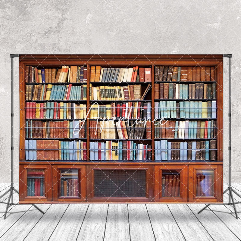 Aperturee - Retro Red Wooden Bookcase Books Backdrop For Photo