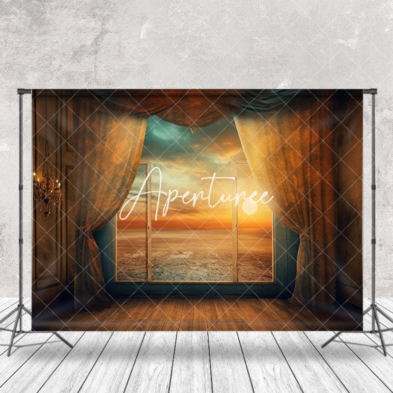 Aperturee - Retro Room Sunset Sea Sky Scenery Window Backdrop