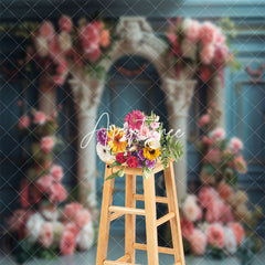 Aperturee - Retro Royal Teal White Arch Floral Wedding Backdrop