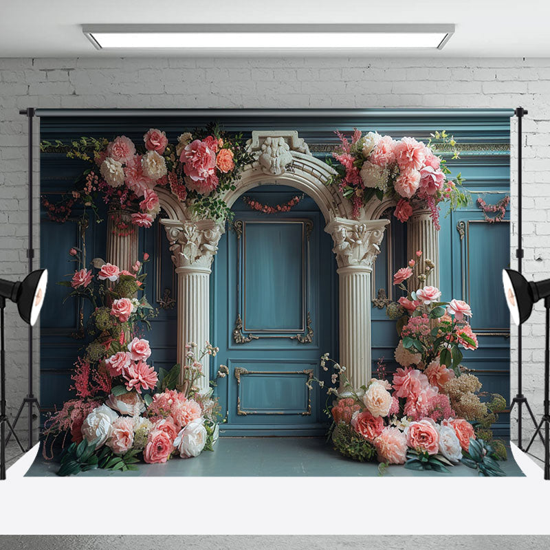 Aperturee - Retro Royal Teal White Arch Floral Wedding Backdrop