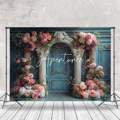 Aperturee - Retro Royal Teal White Arch Floral Wedding Backdrop