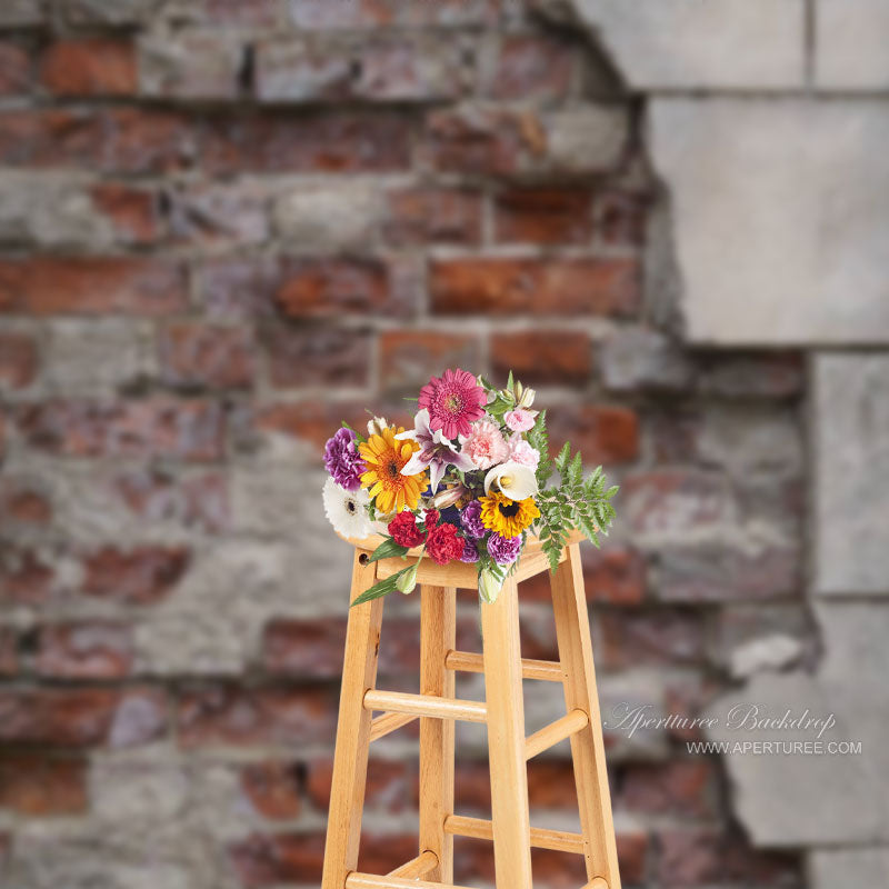 Aperturee - Retro Rural Grey Red Brick Wall Portrait Backdrop