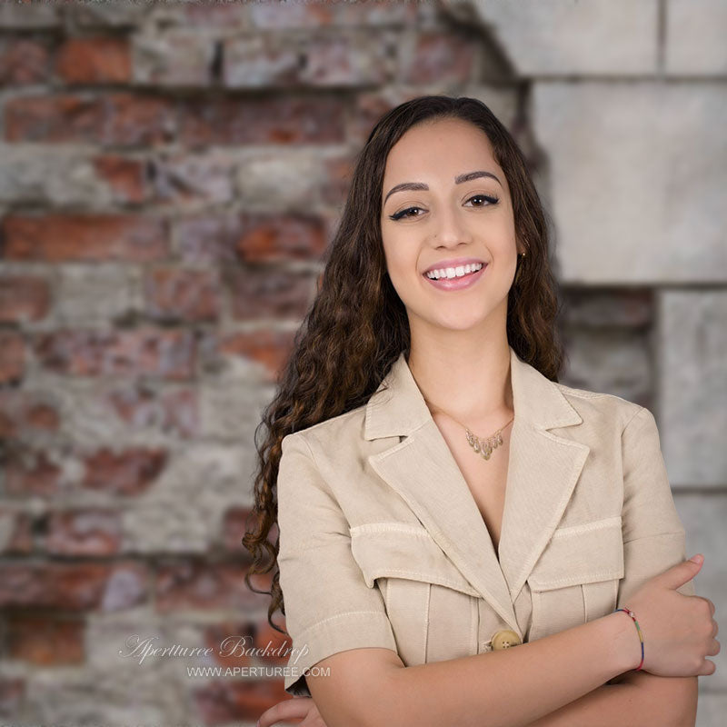 Aperturee - Retro Rural Grey Red Brick Wall Portrait Backdrop