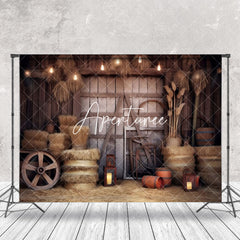 Aperturee - Retro Rustic Wooden Barn Door Hay Cowboy Backdrop