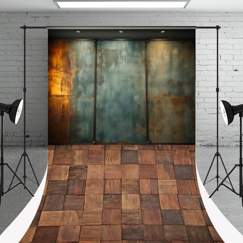 Aperturee - Retro Rusty Metal Texture Wall Wood Floor Sweep Backdrop