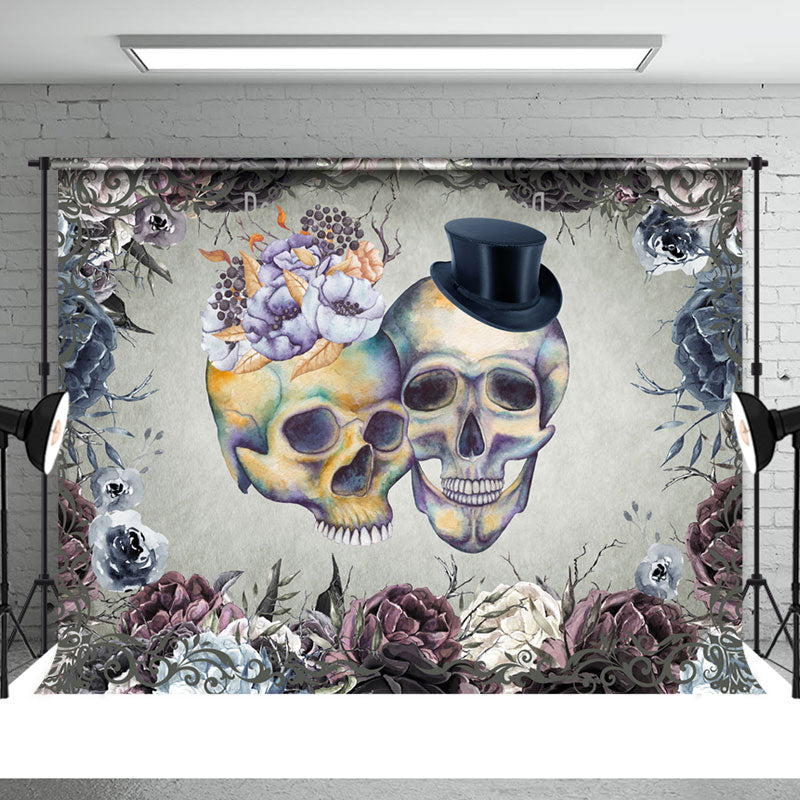 Aperturee - Retro Skull Couple Thorn Flower Halloween Backdrop