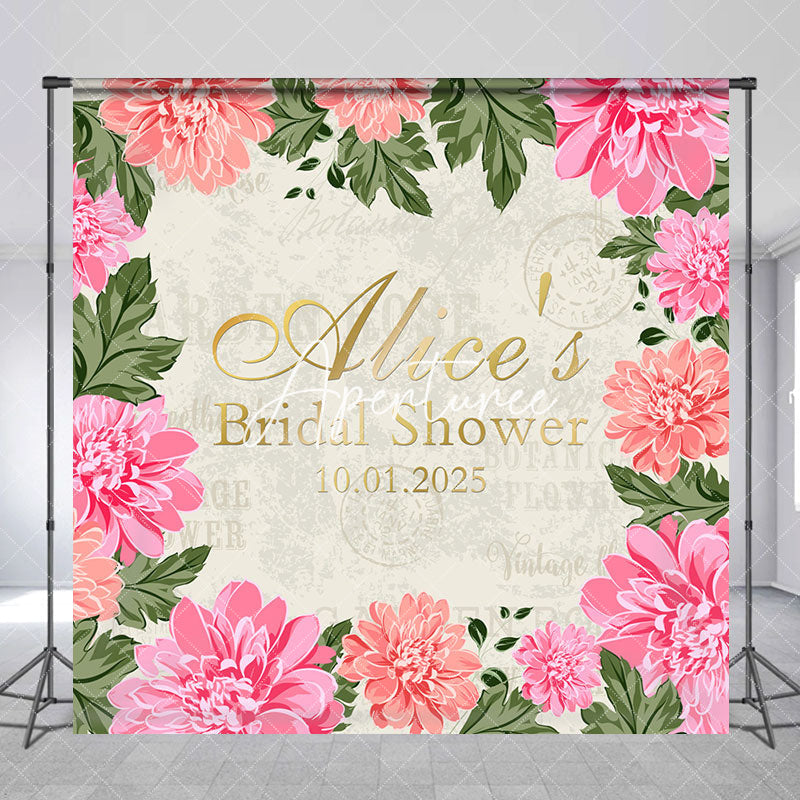 Aperturee - Retro Stamp Pink Flowers Custom Bridal Shower Backdrop