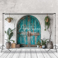 Aperturee - Retro Teal Arch Door Brick Wall Wedding Backdrop