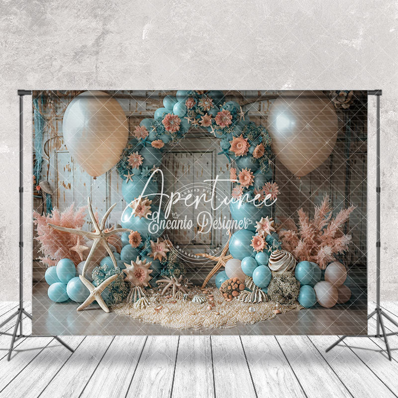 Aperturee - Retro Wall Blue Balloons Coastal Cake Smash Backdrop