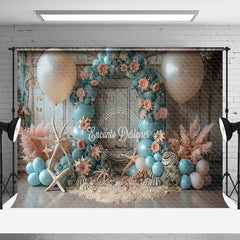 Aperturee - Retro Wall Blue Balloons Coastal Cake Smash Backdrop