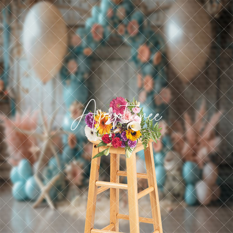 Aperturee - Retro Wall Blue Balloons Coastal Cake Smash Backdrop