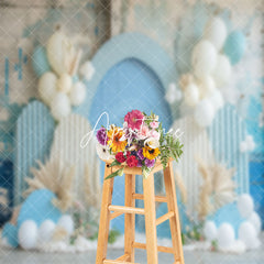 Aperturee - Retro Wall Blue Balloons Summer Cake Smash Backdrop