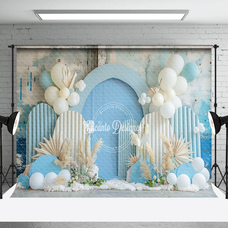 Aperturee - Retro Wall Blue Balloons Summer Cake Smash Backdrop