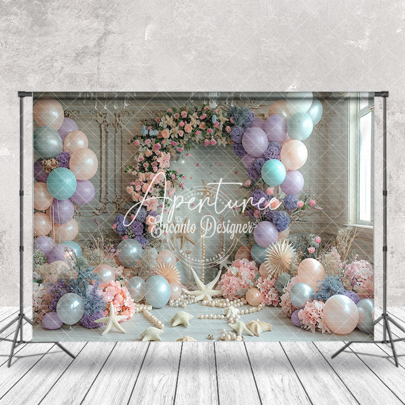 Aperturee - Retro Wall Floral Shell Balloons Cake Smash Backdrop