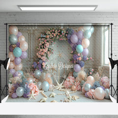 Aperturee - Retro Wall Floral Shell Balloons Cake Smash Backdrop