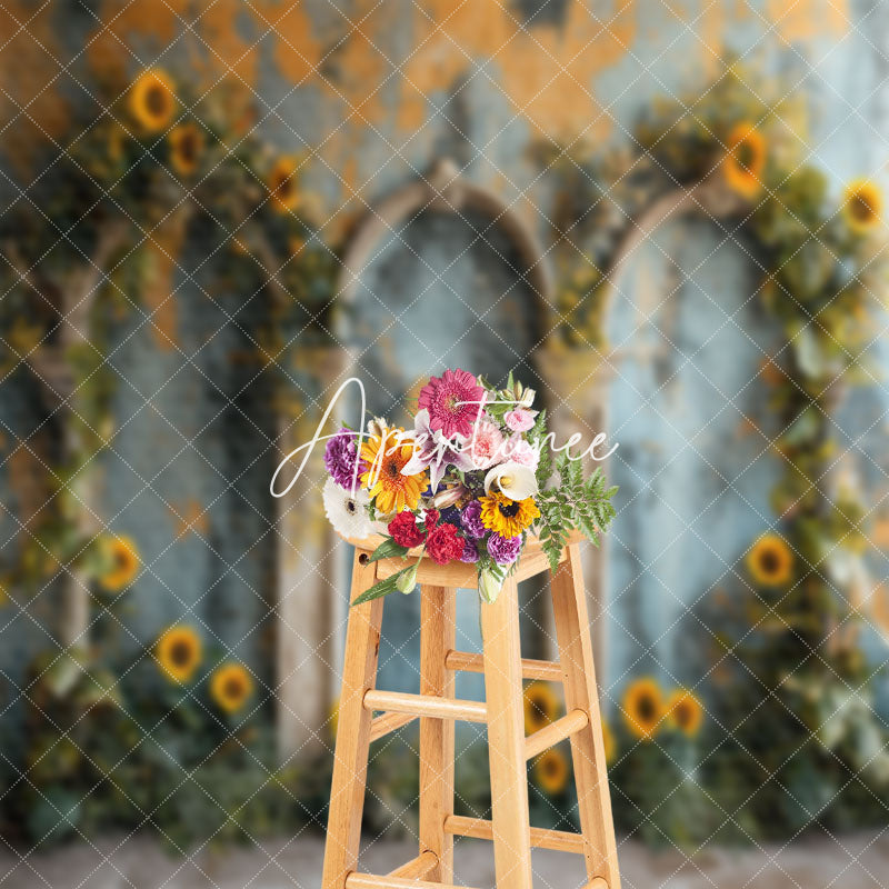 Aperturee - Retro Wall Green Leaf Sunflower Cake Smash Backdrop