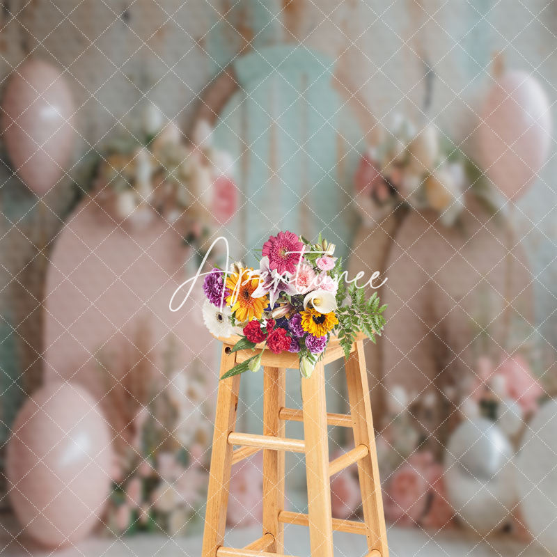 Aperturee - Retro Wall Green Pink Floral Cake Smash Backdrop