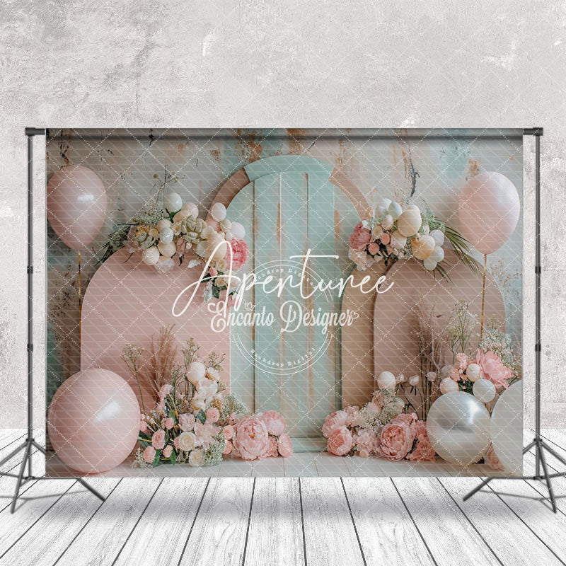 Aperturee - Retro Wall Green Pink Floral Cake Smash Backdrop