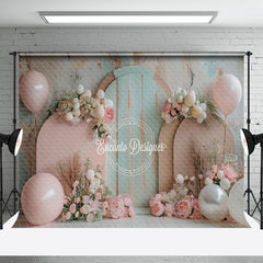 Aperturee - Retro Wall Green Pink Floral Cake Smash Backdrop