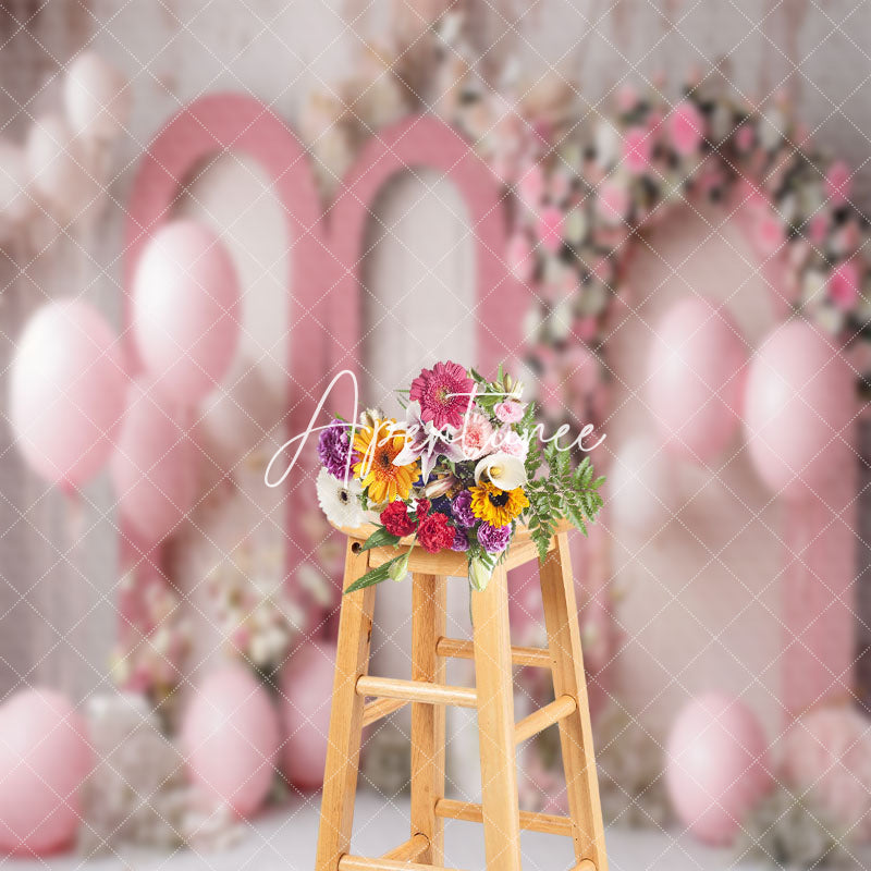 Aperturee - Retro Wall Pink Floral Balloons Cake Smash Backdrop