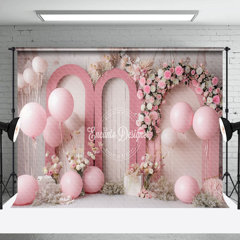 Aperturee - Retro Wall Pink Floral Balloons Cake Smash Backdrop